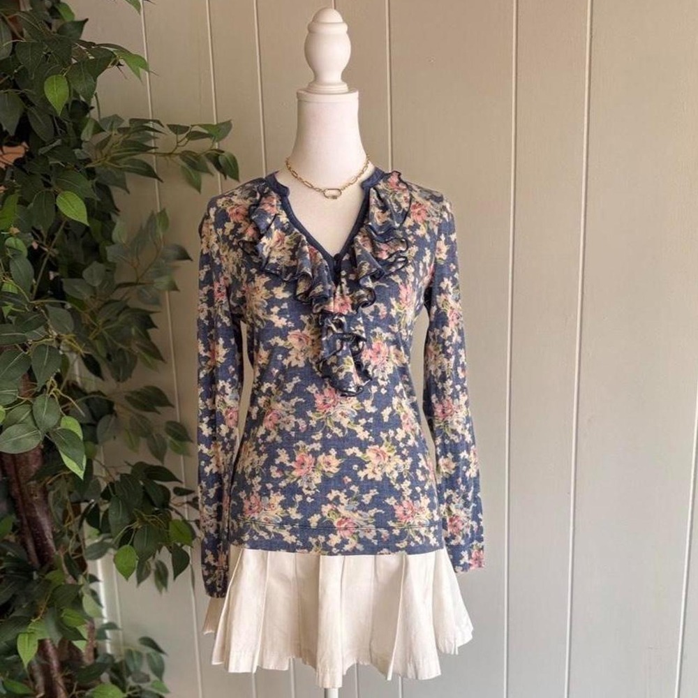 Ralph Lauren Ruffled Neck Floral Top Long Sleeve Womens Size Xs